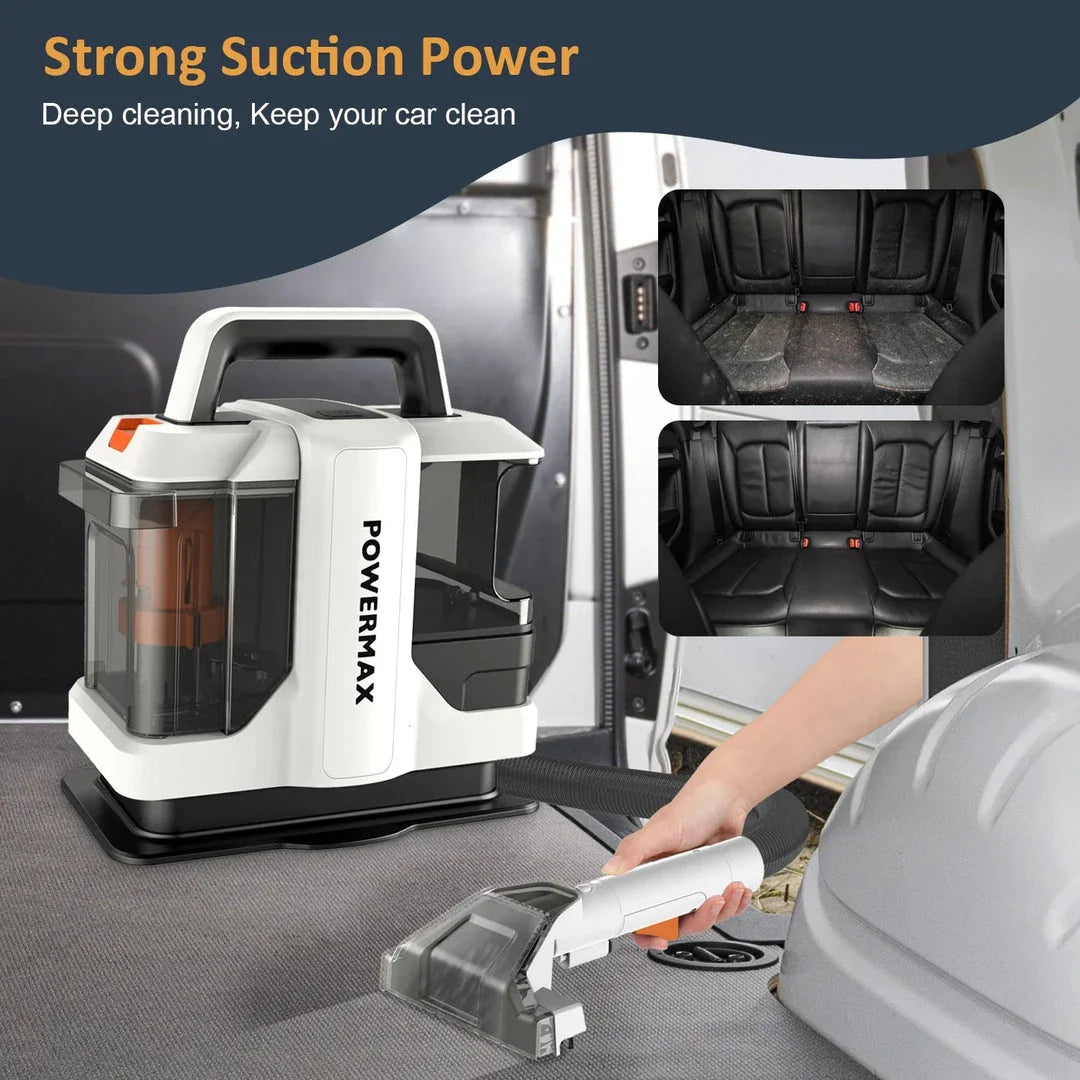 450W Powerful Handheld Carpet Cleaner with high suction, large water tanks, and extended reach for thorough cleaning of carpets, sofas, and car interiors.