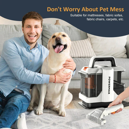 450W Powerful Handheld Carpet Cleaner with high suction, large water tanks, and extended reach for thorough cleaning of carpets, sofas, and car interiors.