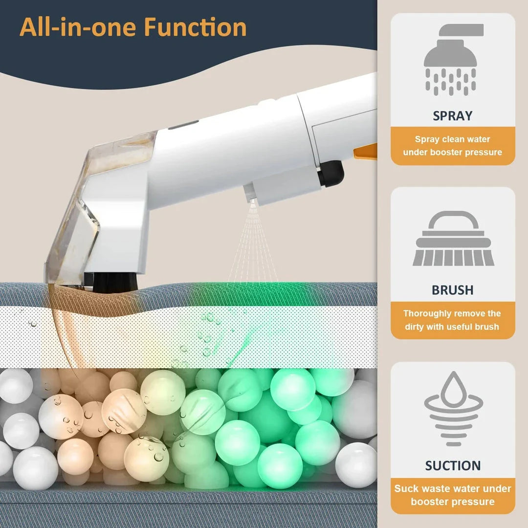 450W Powerful Handheld Carpet Cleaner with high suction, large water tanks, and extended reach for thorough cleaning of carpets, sofas, and car interiors.