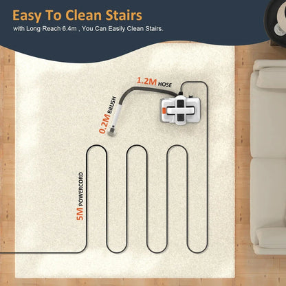 450W Powerful Handheld Carpet Cleaner with high suction, large water tanks, and extended reach for thorough cleaning of carpets, sofas, and car interiors.