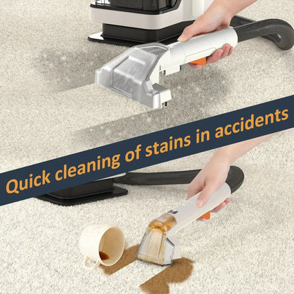 450W Powerful Handheld Carpet Cleaner with high suction, large water tanks, and extended reach for thorough cleaning of carpets, sofas, and car interiors.