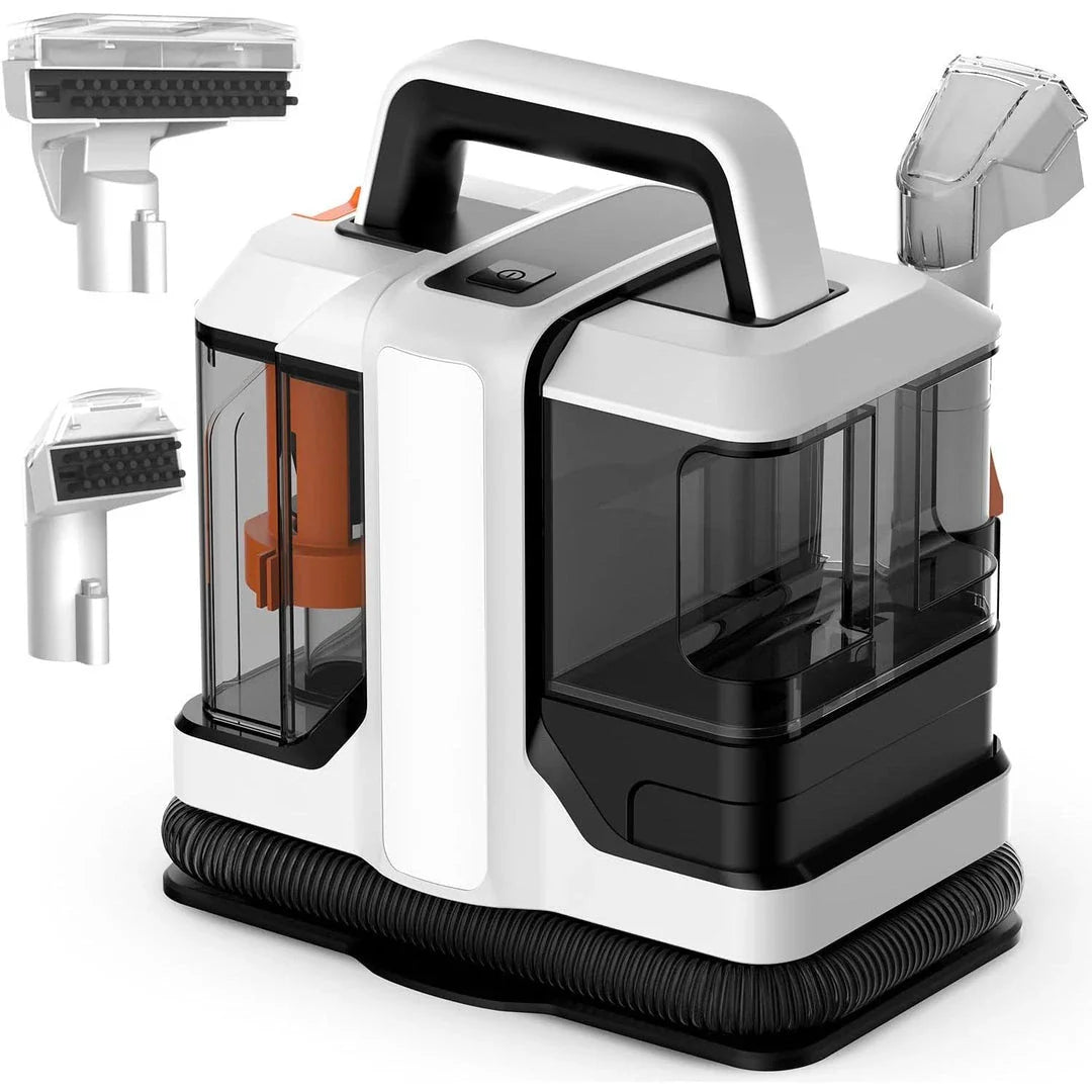 450W Powerful Handheld Carpet Cleaner with high suction, large water tanks, and extended reach for thorough cleaning of carpets, sofas, and car interiors.