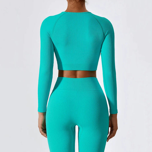 A stylish and comfortable women's ribbed long sleeve yoga crop top in Tiffany Blue colour