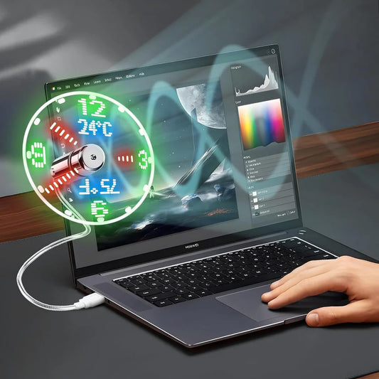 LED Clock USB Mini Fan with Real-Time Display - Sleek silver design, flexible gooseneck, and integrated clock for enhanced workspace productivity