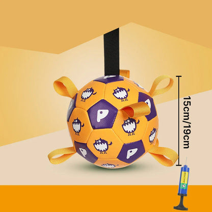 Durable leather interactive dog toy in football shape with grab tabs for outdoor fetch and chewing fun