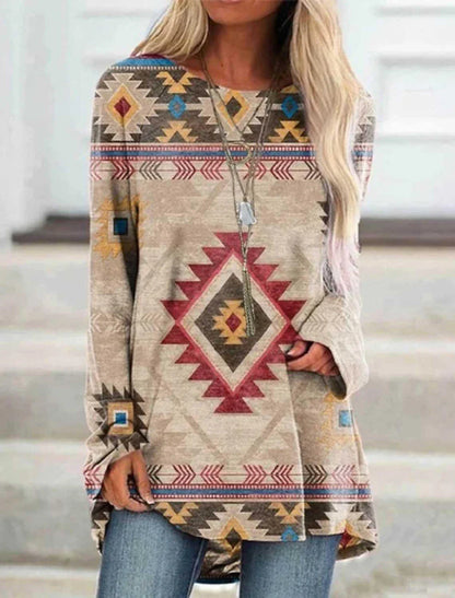 A long t-shirt dress in a retro ethnic style, featuring a round neckline and mid-waist silhouette for a flattering fit.