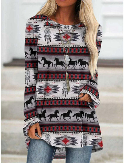 A long t-shirt dress in a retro ethnic style, featuring a round neckline and mid-waist silhouette for a flattering fit.