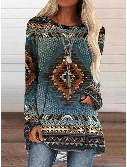 A long t-shirt dress in a retro ethnic style, featuring a round neckline and mid-waist silhouette for a flattering fit.