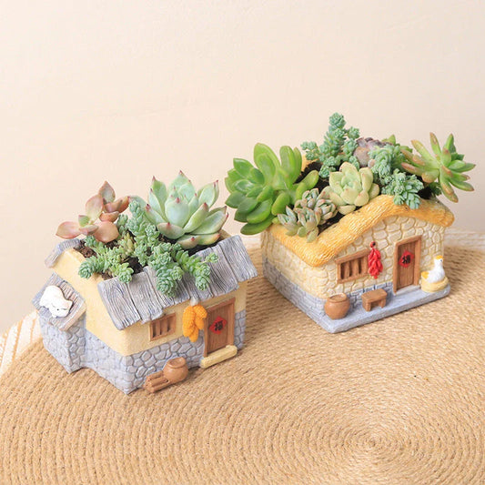 Enchanting vintage-style resin planter with hand-painted farmhouse-inspired animal motifs