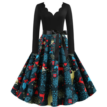 Casual women's long sleeve printed v-neck dress in various colours and styles
