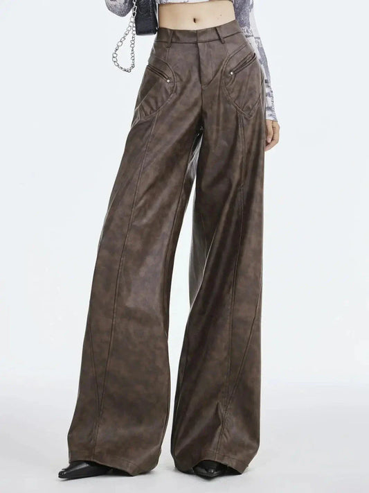 Faux leather wide leg trousers for middle-aged women, featuring a high-waist design and button-fly closure for a flattering fit.