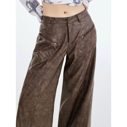 Faux leather wide leg trousers for middle-aged women, featuring a high-waist design and button-fly closure for a flattering fit.