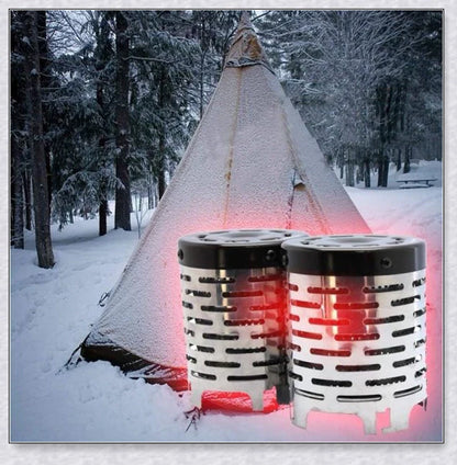 Portable propane gas heater for tent, designed for cosy outdoor experiences in the UK.