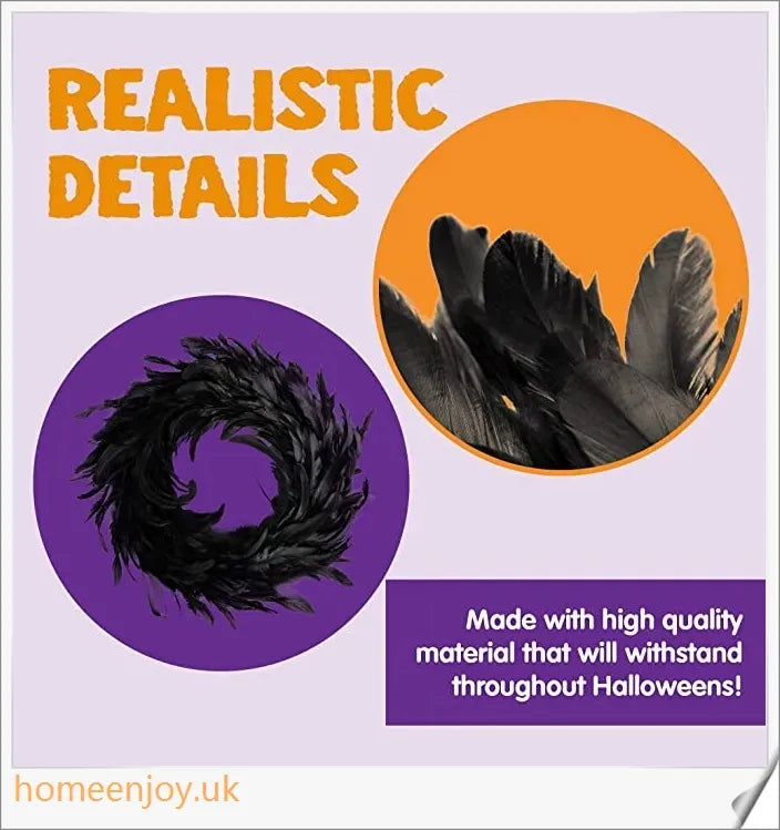 Black Halloween wreath made of luxurious natural feathers in shades of onyx, green, and purple