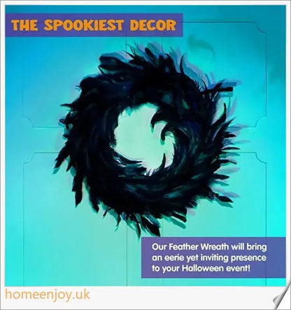Black Halloween wreath made of luxurious natural feathers in shades of onyx, green, and purple