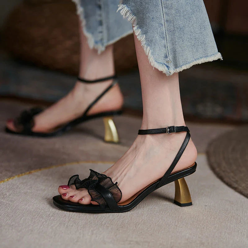 Elegant square toe high heel sandals made with genuine leather and a unique buckle design
