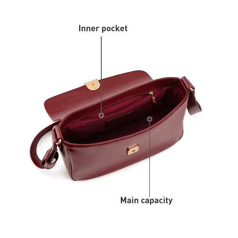 Elegant square-shaped burgundy leather shoulder and crossbody bag for women, featuring a modern design and spacious interior.