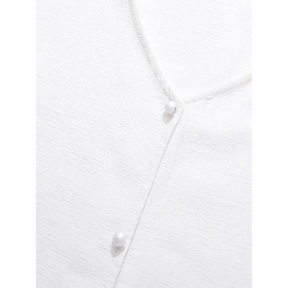 A French-inspired chic v-neck women's blouse in a crisp white colour, featuring a stylish spliced design and a flattering, tailored silhouette.