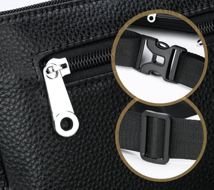 A stylish and durable men's leather chest bag with a positive dragon design, perfect for active urban lifestyles.