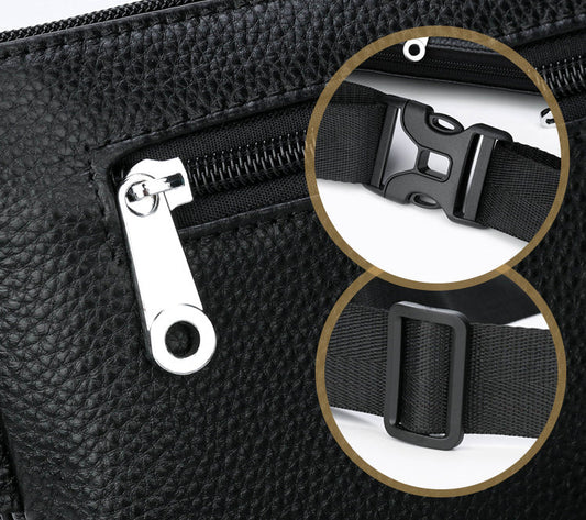 A stylish and durable men's leather chest bag with a positive dragon design, perfect for active urban lifestyles.