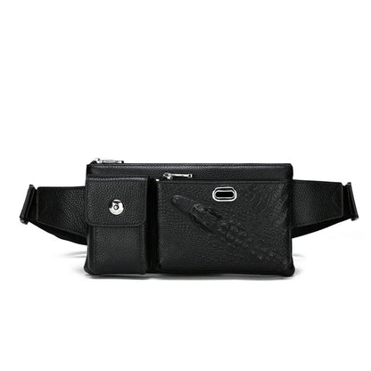 A stylish and durable men's leather chest bag with a positive dragon design, perfect for active urban lifestyles.
