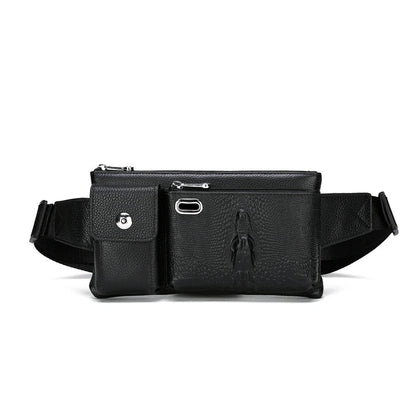 A stylish and durable men's leather chest bag with a positive dragon design, perfect for active urban lifestyles.