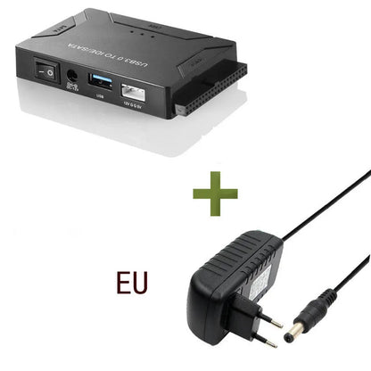 USB to IDE and SATA hard drive adapter with power supply and data cables for desktop drive connectivity