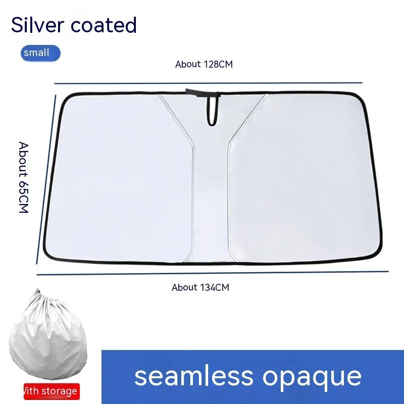 Car double ring front shield sun protection and heat insulation auto abat vent windscreen sunshade made from NC fabric titanium silver glue material, available in titanium silver small and titanium silver large sizes with a simple style design.