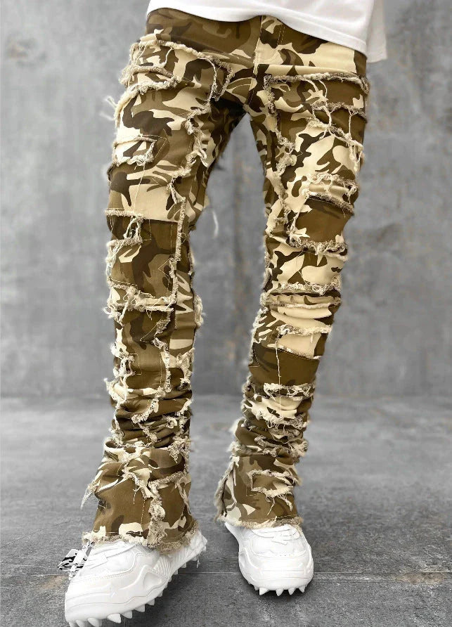 Men's slim-fit cotton jeans with unique patched design in various classic colors