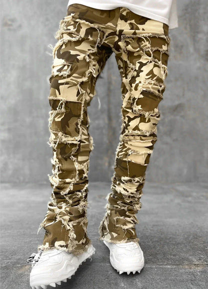 Men's slim-fit cotton jeans with unique patched design in various classic colors