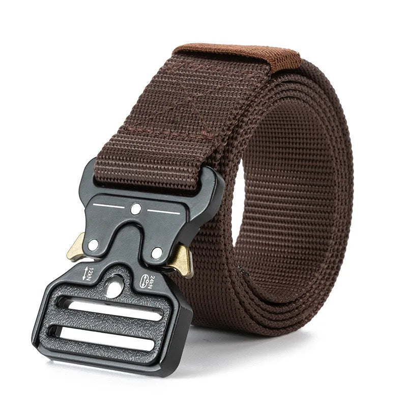 Men's thick canvas tactical belt with an alloy release buckle, shown in multiple colour options.