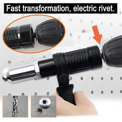Alloy steel electric drill rivet gun adapter kit with four rivet heads and a wrench.