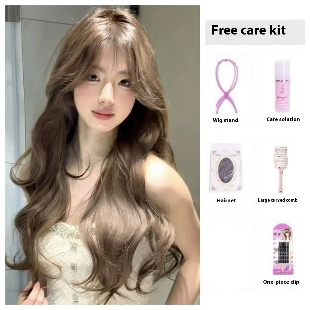 Hazelnut grey brown long curly synthetic wig with care kit on a stand