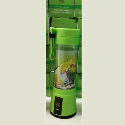 Portable USB blender with six blades in pink colour option showing cup and charging cable