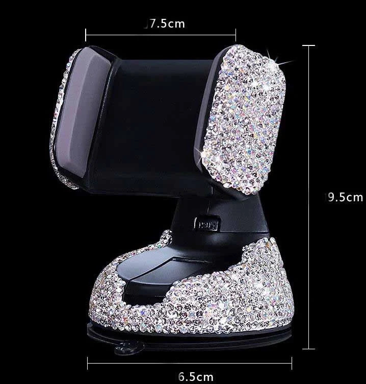 Diamond-encrusted car phone holder mounted on air vent with smartphone securely attached