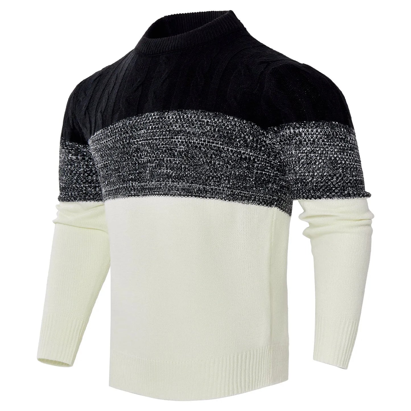 Men's knitted crew neck pullover sweater with long sleeves shown in multiple sizes