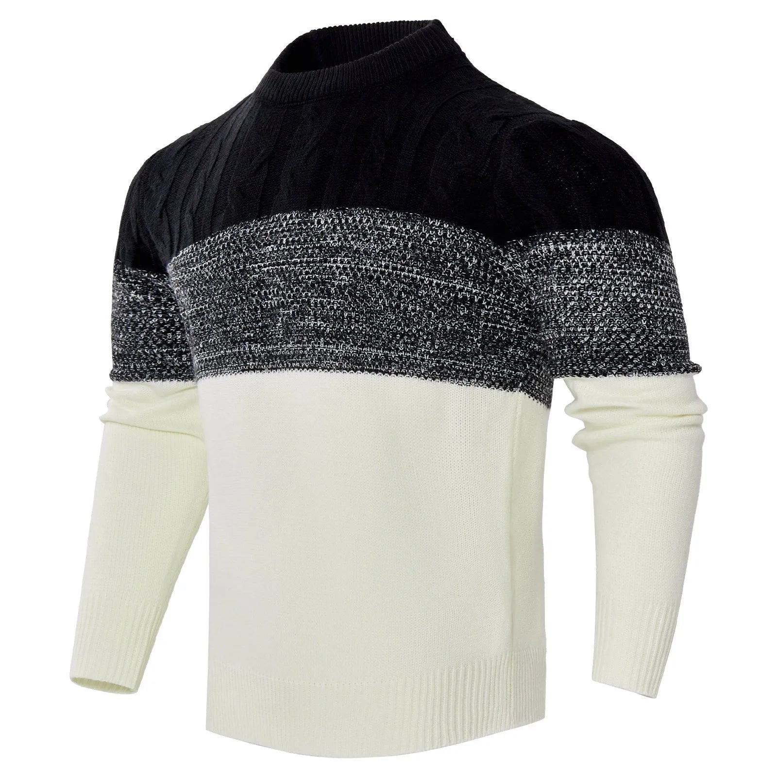 Men's knitted crew neck pullover sweater with long sleeves shown in multiple sizes