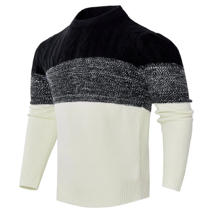 Men's knitted crew neck pullover sweater with long sleeves shown in multiple sizes