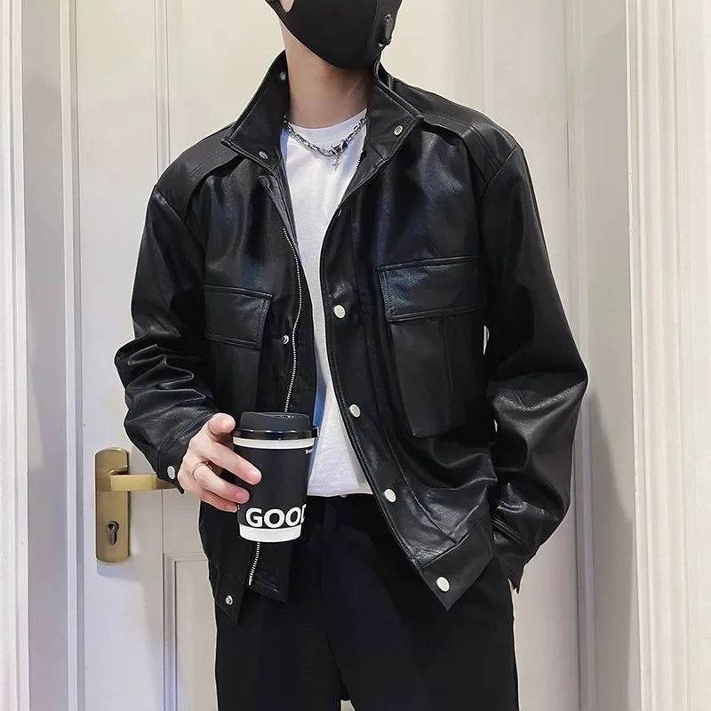 Korean style black PU leather pilot jacket for men with side pockets and straight hem.