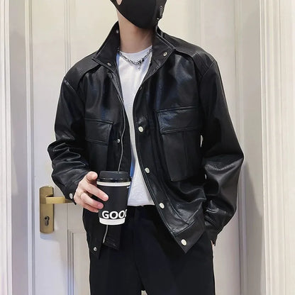 Korean style black PU leather pilot jacket for men with side pockets and straight hem.