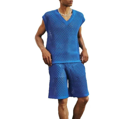 Men's blue V-neck sleeveless knitted vest and matching shorts sports suit on a hanger.
