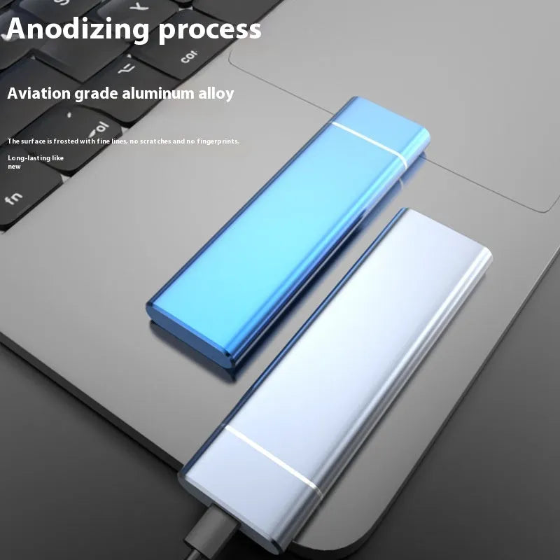 Portable solid state external hard disk with metal shell in sapphire blue colour showing compact dimensions