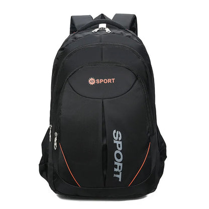 Large black nylon backpack with curved shoulder straps and letter detailing, shown from the side.