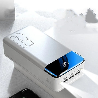 Black large capacity power bank with 50,000mAh, three output ports, and dimensions 169mm by 83mm by 52mm