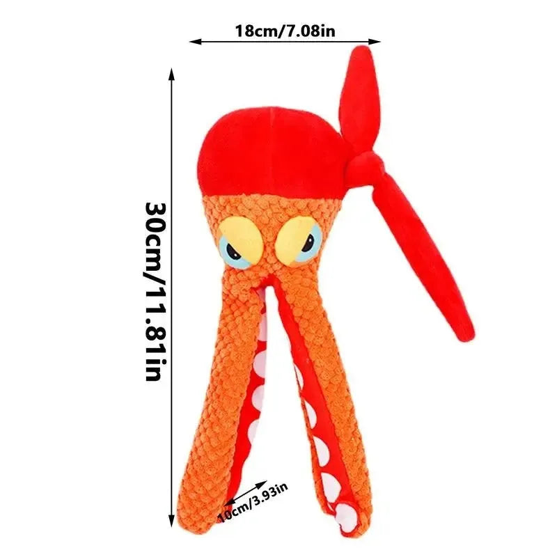 Orange plush octopus dog toy with textured tentacles for dental cleaning and squeaker inside