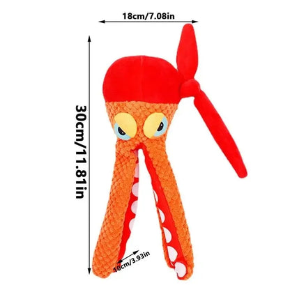 Orange plush octopus dog toy with textured tentacles for dental cleaning and squeaker inside