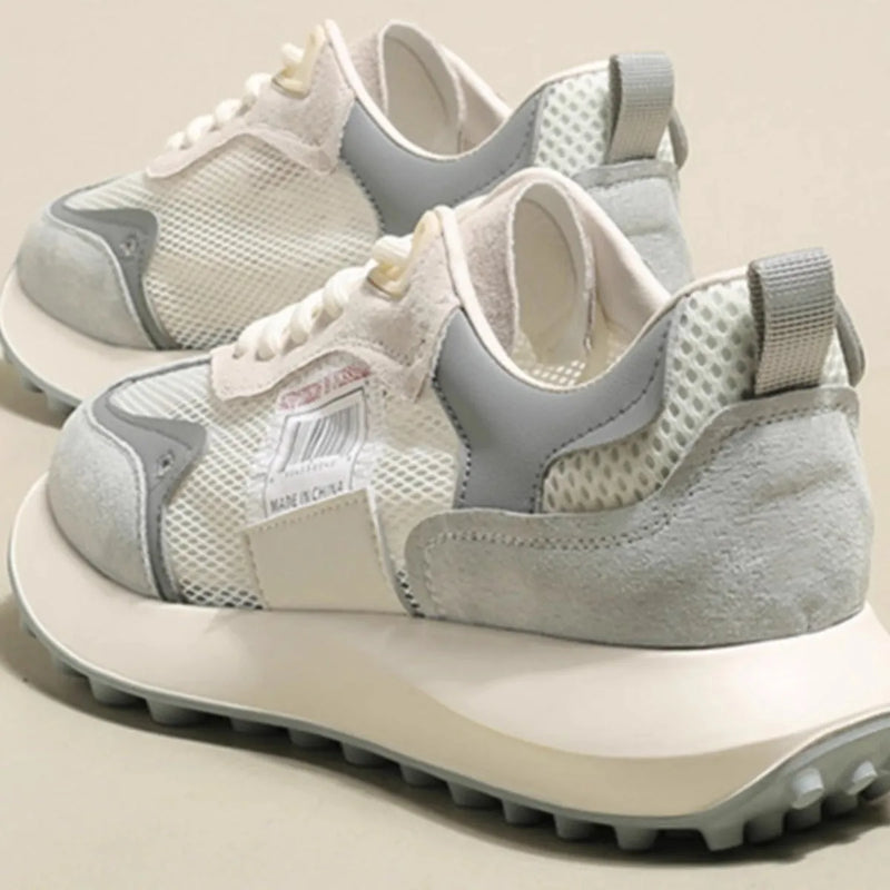 Women's low-top retro sneakers with shallow-cut round toe and flat rubber sole available in grey or pink mesh casual shoes