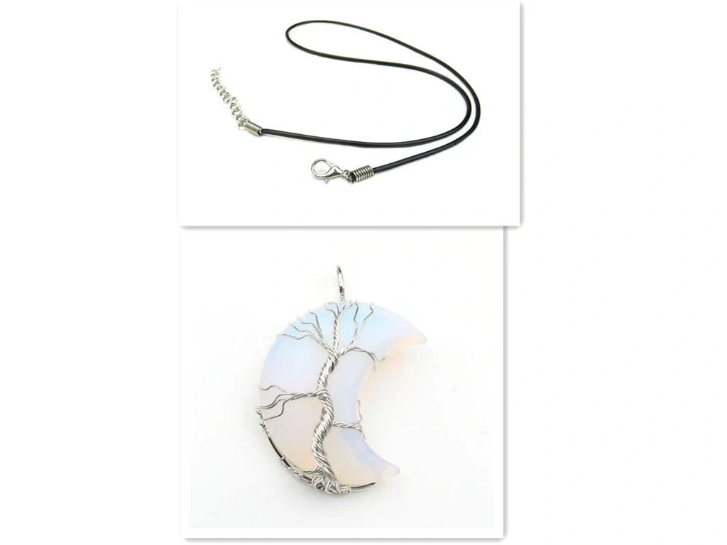 Handmade moon-shaped Tree of Life pendant necklace in natural crystal stone