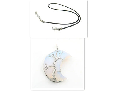 Handmade moon-shaped Tree of Life pendant necklace in natural crystal stone