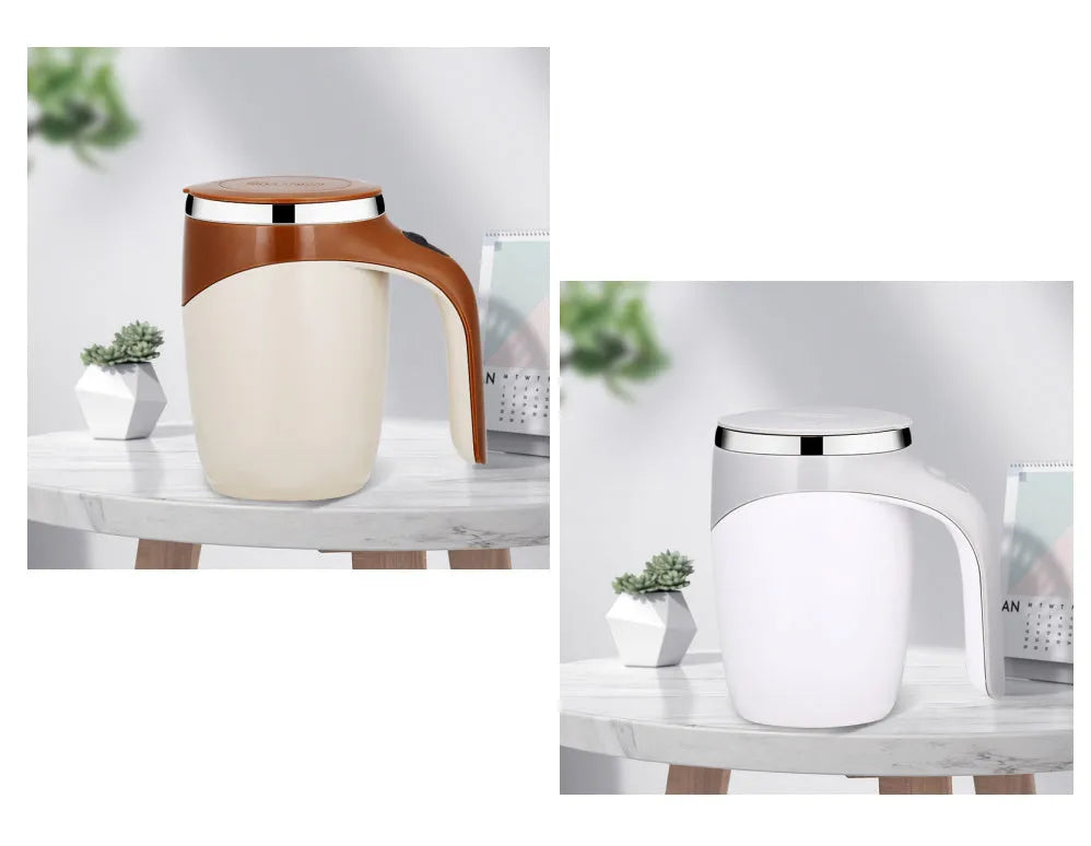White automatic stirring coffee cup with magnetic mixing technology and modern design